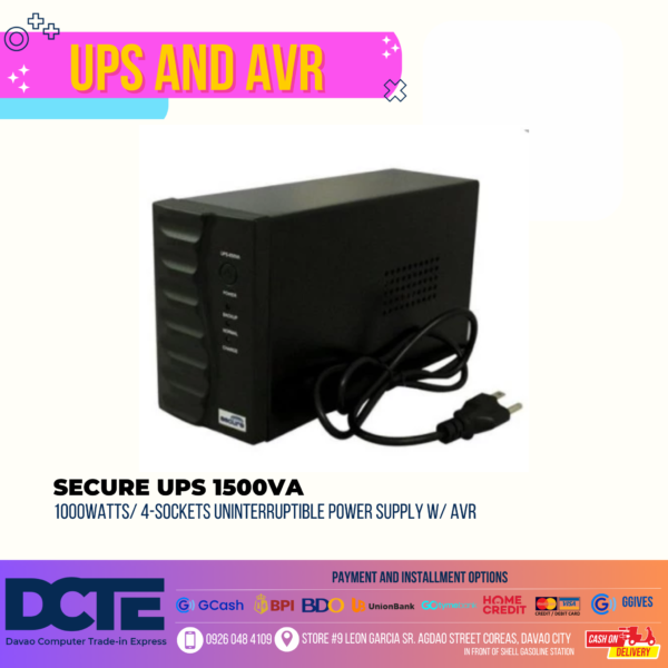 SECURE UPS 1500VA/1000WATTS/ 4-SOCKETS UNINTERRUPTIBLE POWER SUPPLY W/ AVR