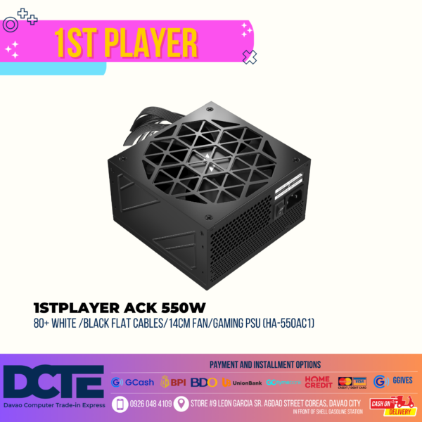 1STPLAYER ACK 550W 80+ WHITE /BLACK FLAT CABLES/14CM FAN/GAMING PSU (HA-550AC1)