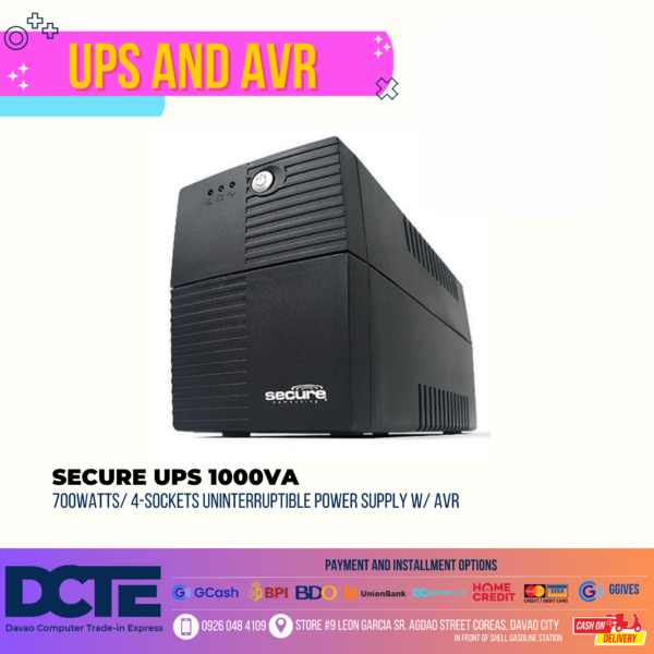SECURE UPS 1000VA/700WATTS/ 4-SOCKETS UNINTERRUPTIBLE POWER SUPPLY W/ AVR